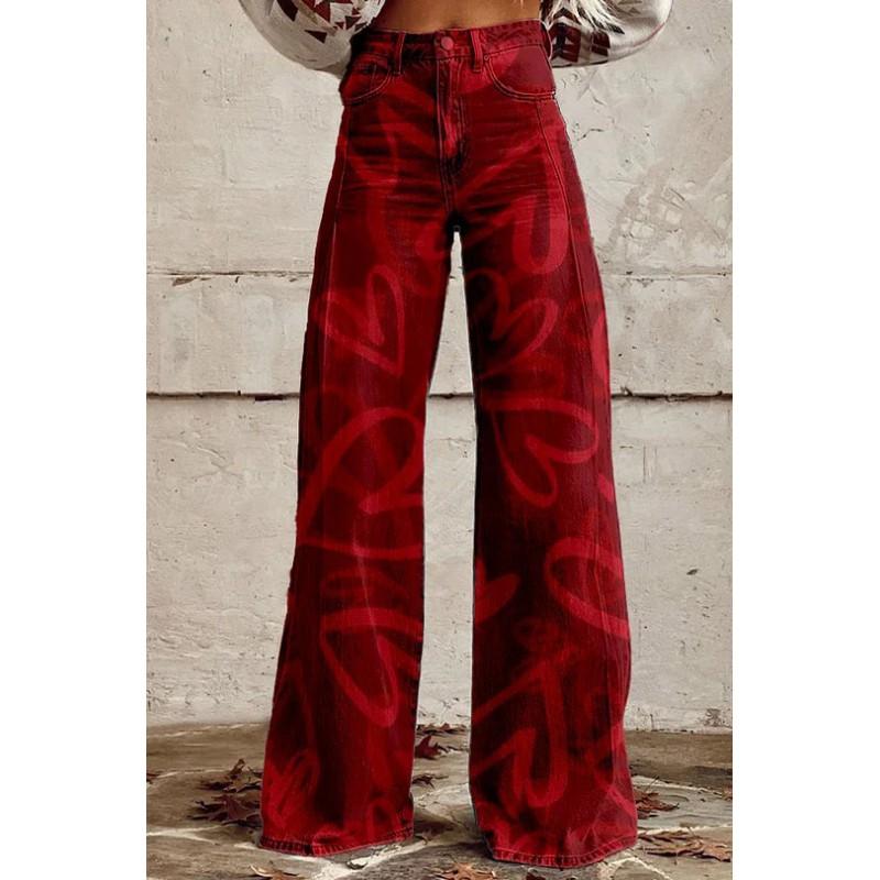 Dame Løstsiddende Bomuld Wide Leg Bukser Med 3D Digital Print Streetwear Stil Afslappede Bukser