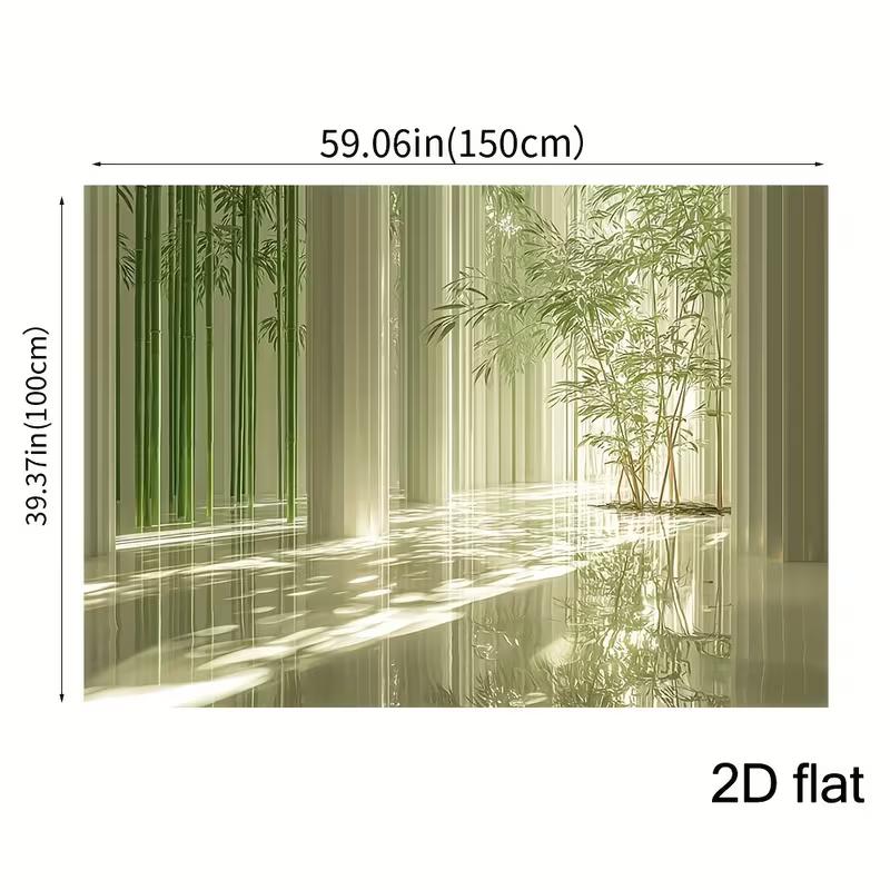 2D Tranquil Bamboo Backdrop, Green Bamboo Grove with Sunlight Shadows On Water Background Cloth