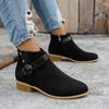 Block Heel Short-thigh Boots Women's Fashion Round Toe Suede Metal Buckle Anti-slip Wear-resistant Kitten Heels
