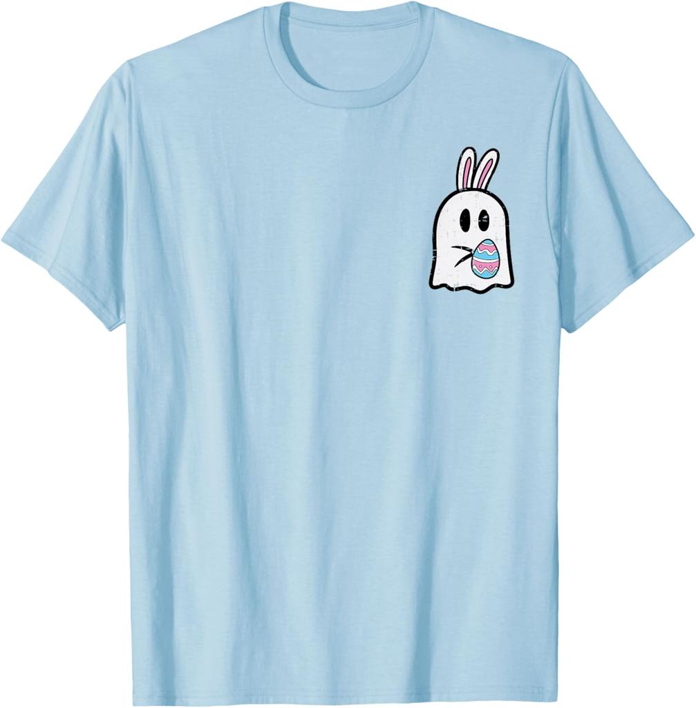 Easter Ghost Bunny Pocket Funny Egg Graphic Tee Soft Cotton Casual T-Shirt for Men Women