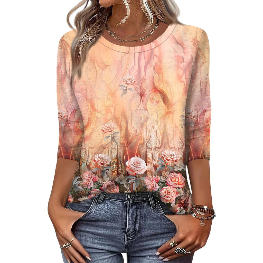 Women's Fashion Casual Round Neck 3/4 Sleeve Loose  Printed T-Shirt Ladies Top