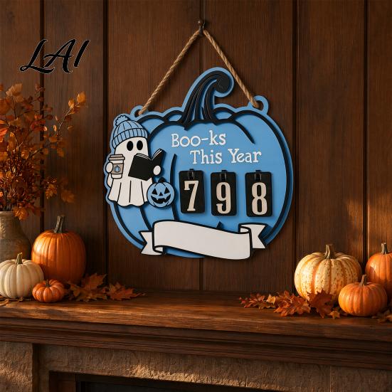 Exquisite Workmanship Counter Halloween Ghost Pumpkin Reading Tracker Wooden Hanging Sign Sliding Number for Book Read This Year Double-layer