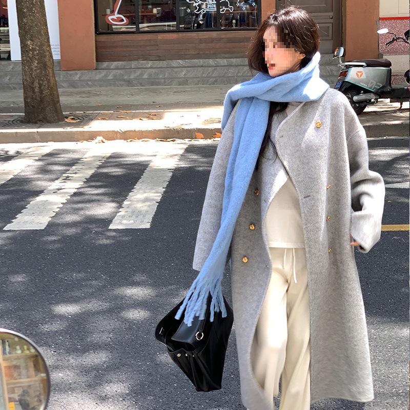 Su Jiu'er Women's 2024 Mid-Length Double-Sided Wool Coat - High-End Gray Autumn/Winter Outerwear