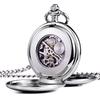 TREEWETO Mechanical Pocket Antique Blue Roman Silver Double Hunter Chain with Cover Watch, Dial, Skeleton, Numerals,