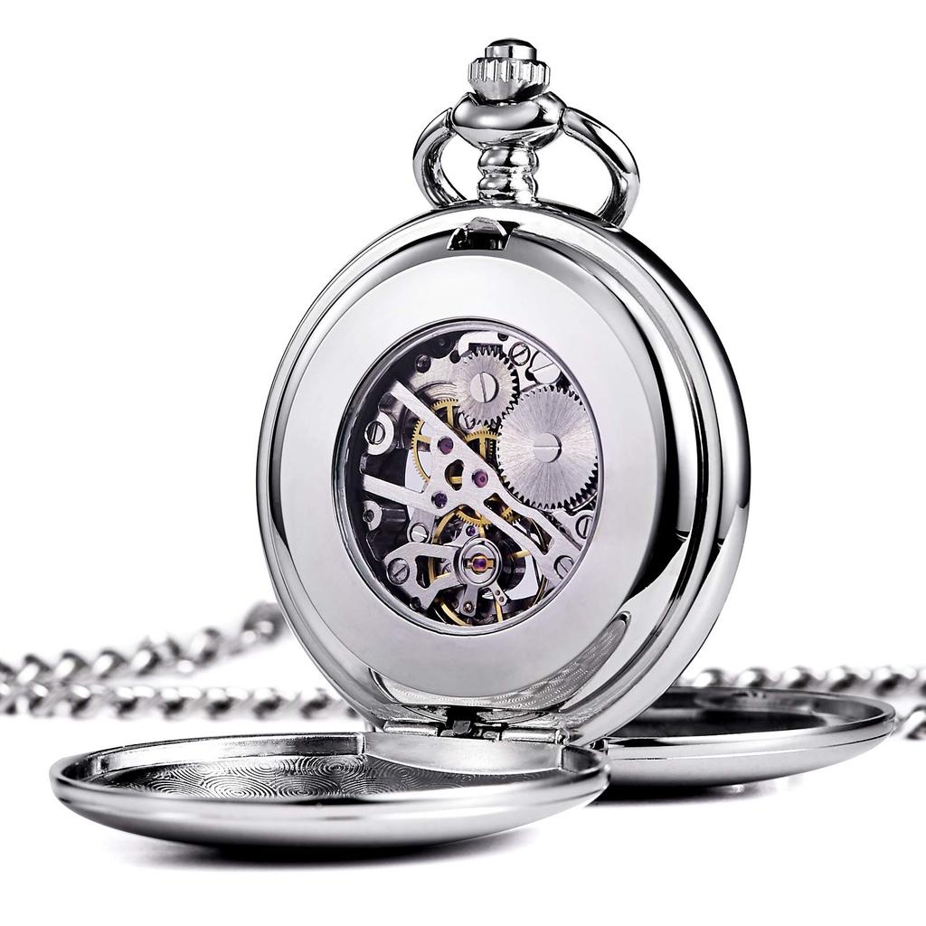 TREEWETO Mechanical Pocket Antique Blue Roman Silver Double Hunter Chain with Cover Watch, Dial, Skeleton, Numerals,