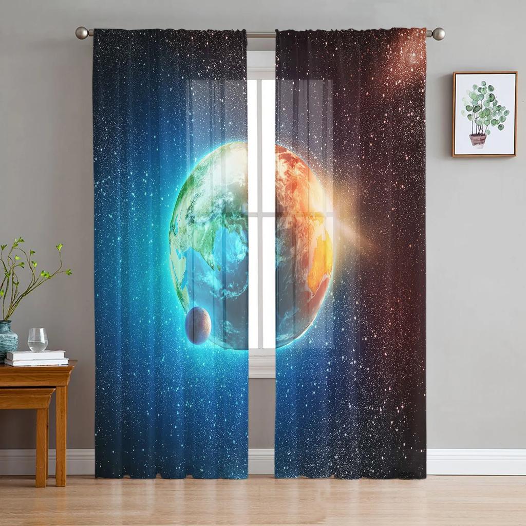 Astronaut Space Moon Tulle Curtains For Living Room Bedroom Kitchen Decoration Chiffon Sheer Voile Window Curtains Custom Drape