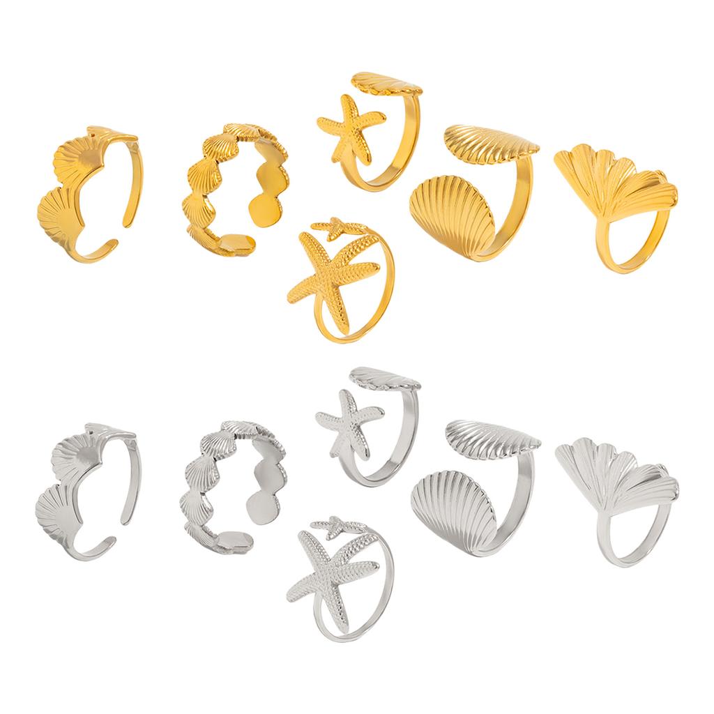6 Pieces Shell Starfish Adjustable Rings Set Ocean Vacation Jewelry Gift for Her Trendy Stackable Rings for Daily Wear