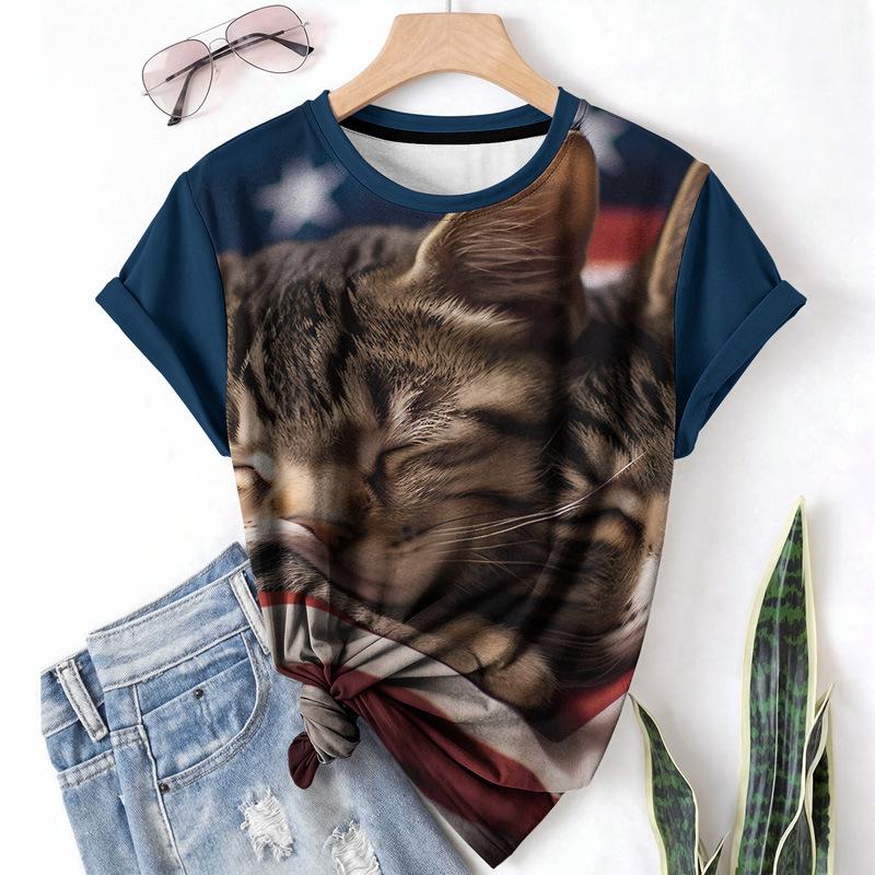 

Летний топ с круглым вырезом и 3D-принтом кота и американского флага, модные повседневные женские футболки с коротким рукавом 6XL