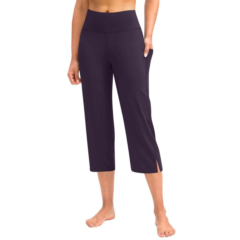Kvinner Elastisk Høy Midje 3/4 Bukse Casual Aktiv Passform Vide Capri Leggings Bukser Bukser Med Lommer