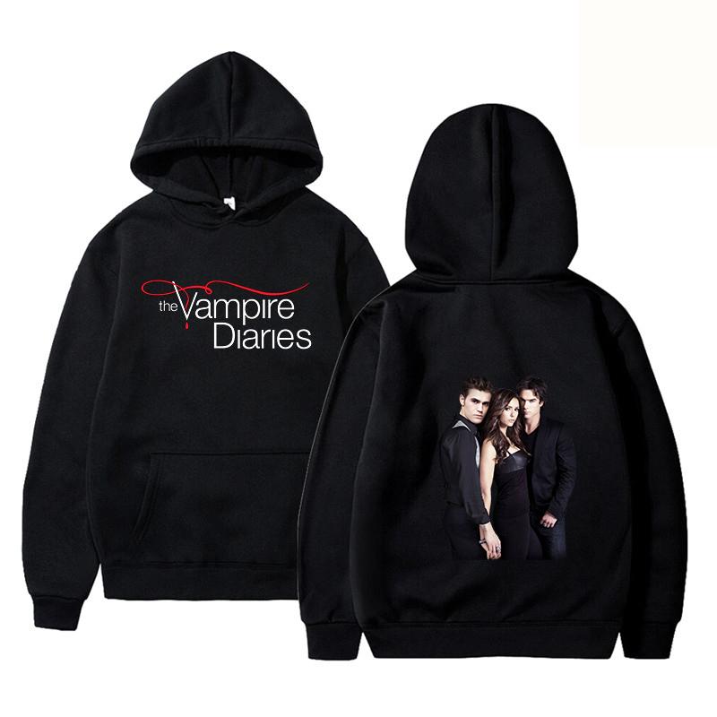 The Vampire Diaries Print Hoodie Unisex Pullover TV Show TVD Damon Stefan Elena Character Graphic Hooded Sweatshirt Casual Long Sleeve Streetwear