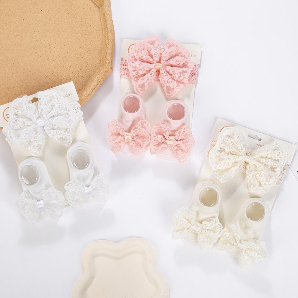 3 Stück/Set Creme Spitze Baby Stirnbänder&Socken Neugeborene Prinzessin Mädchen Breit Strass Perle Elastische Haarbänder Kinder Kopfschmuck Po Requisiten