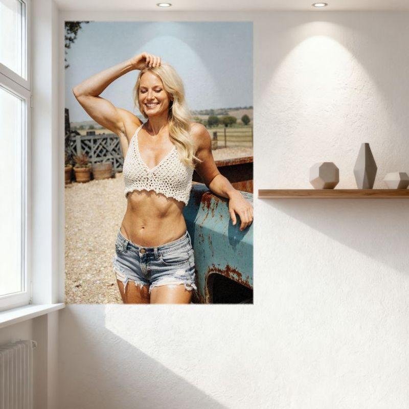 Sexy Blonde Woman Outdoor Rusty Vehicle Wooden Fences Countryside Tin Sign Vintage Metal Poster for Home Bar Wall Decor 8x12 Inc