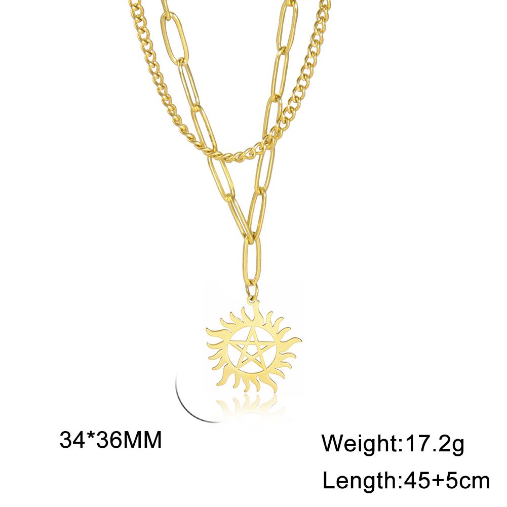 Cazador Sun Wheel Pentagram Charm Necklace for Women Men Supernatural Dean Amulet Sweater Chain Stainless Steel Collars Couple