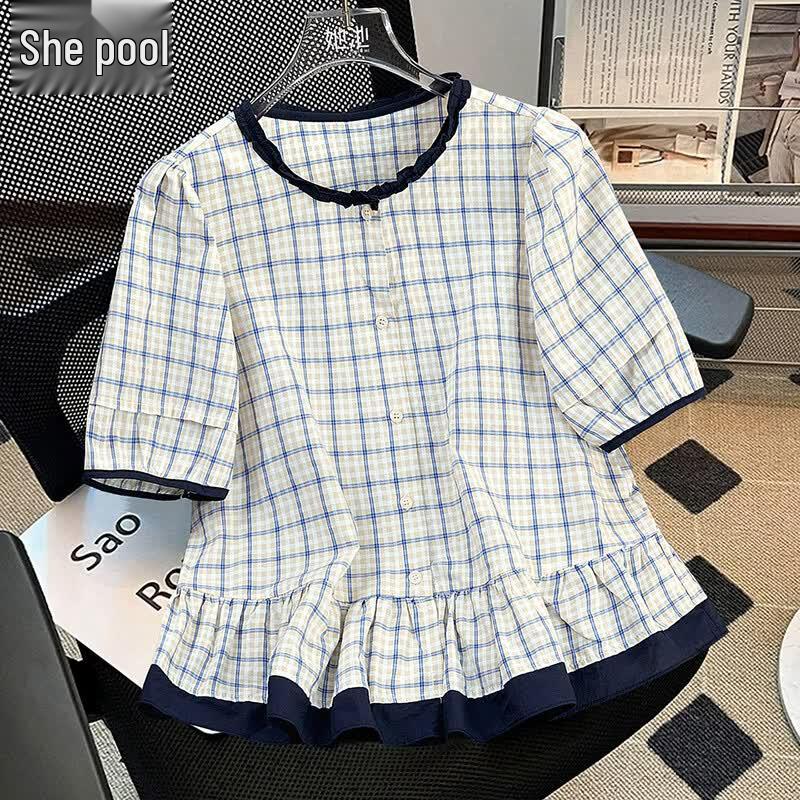 Women s Retro Plaid Short-Sleeve Ruffle Shirt M