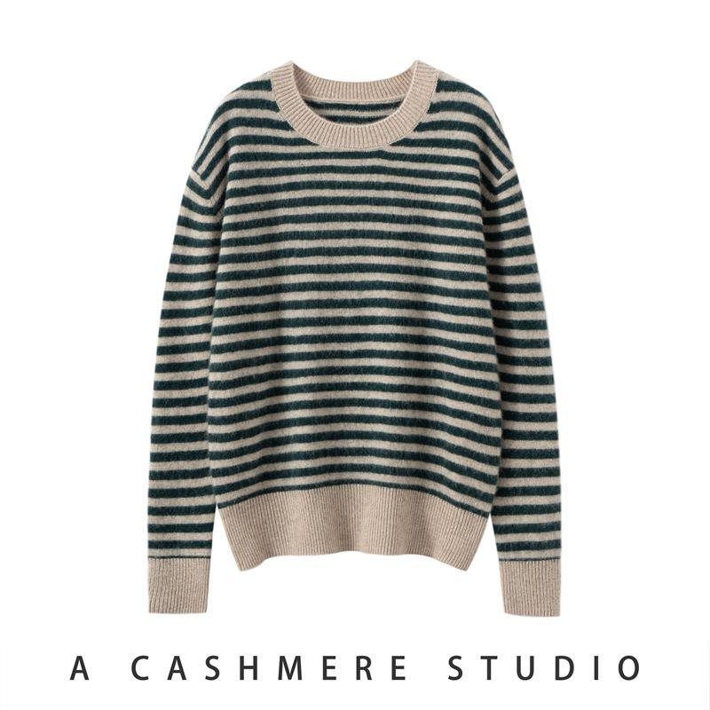Women's Striped Cashmere Sweater - 2025 Autumn/Winter, Half-High Neck, Sweet Style, Loose Slimming Pullover