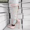 Fashion 2025 Summer Sandal Pink Satin Hollow Women Sandals Boots Crystal Pearl Chain Bling Bling Thin Heel Fashion Shoes Back Zipper