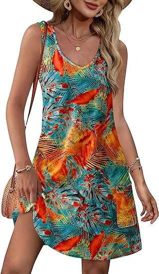 Summer Beach Loose V-Neck Sleeveless Pocket Dress Tank Top Skirt