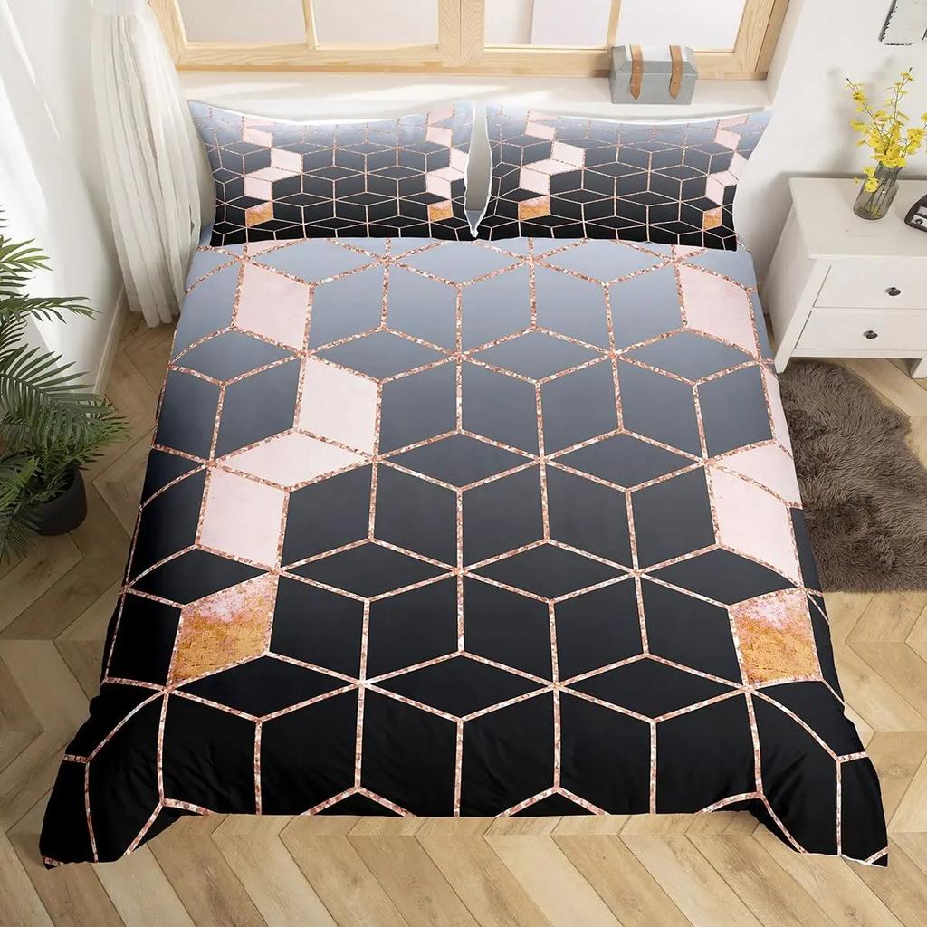 Geometry Ombre Duvet Cover Full King,Honeycomb Marble Geometric Bedding Set For Teen Girls Women Diamond Hexagon Comforter Cover