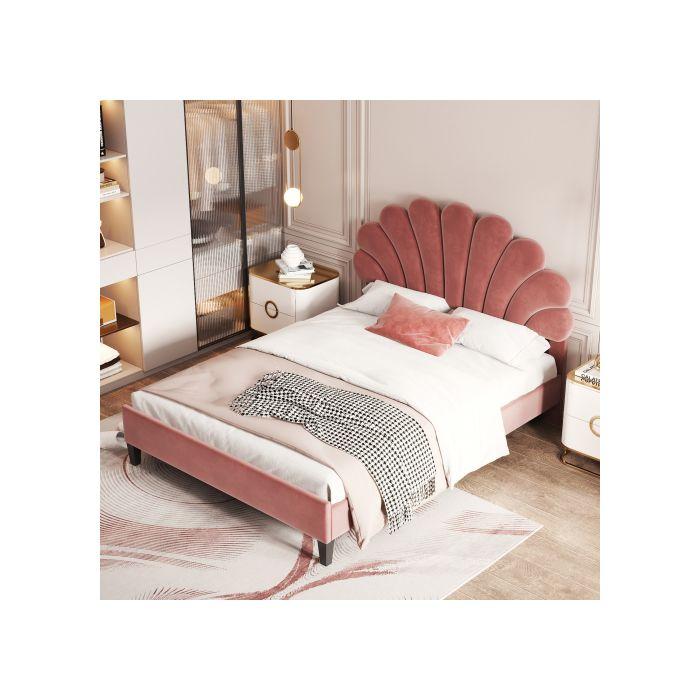 Pat dublu tapițat 140 x 200 cm, rame de pat cu tăblie florală și somieră cu lamele, pat suplimentar în culoarea soia