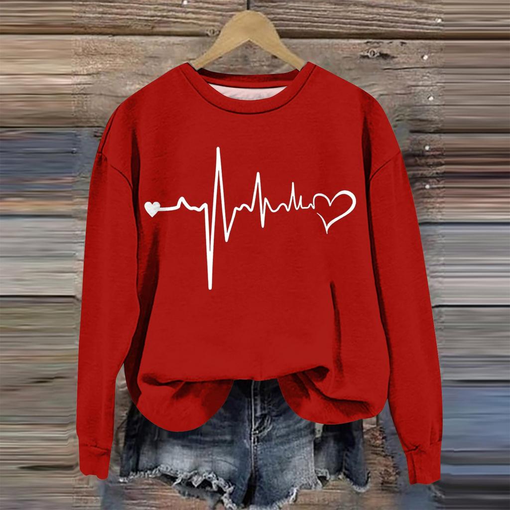 Damenmode Valentinstag Bedrucktes Langarm Locker Rundhals Sweatshirt Oberteil Herbst