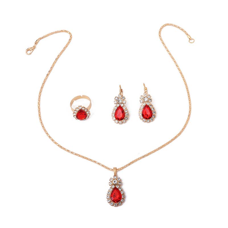 Red Rhinestone Waterdrop Jewelry Set for Women Classic Fashion Earrings Necklace Ring Crystal Bridal Birthday Girl Gift Wedding