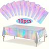 [Holographic Party Table Covers] 10-Pack Iridescent Holographic Party Table Covers - Disposable Plastic Foil Tablecloths for Celebration - Wedding
