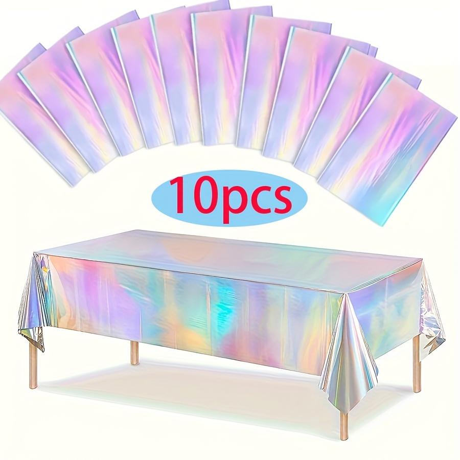[Holographic Party Table Covers] 10-Pack Iridescent Holographic Party Table Covers - Disposable Plastic Foil Tablecloths for Celebration - Wedding