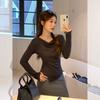 Gray one-word neck off-the-shoulder long-sleeved T-shirt for early autumn wear, pleated waist bottoming shirt, top inside, women's clothing
