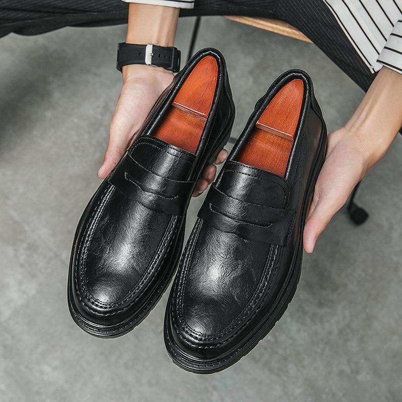 Leather Shoes Men's Summer New One-pedal Casual Business Dress Loafers British Style Black Soft-soled Beanie Shoes
