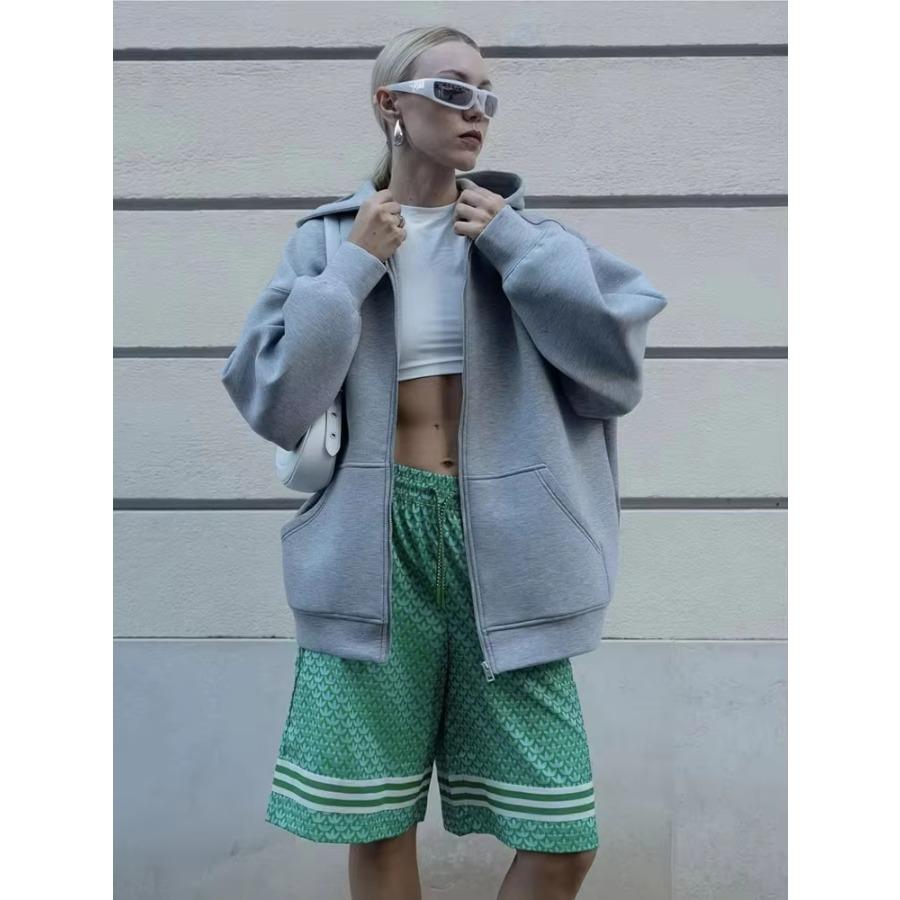 Veste à capuche décontractée pour femme d'automne Lâche Oversize Sweat à capuche zippé Sweat-shirts Manteau uni Chic pour dame de bureau Vêtements d'extérieur Hauts