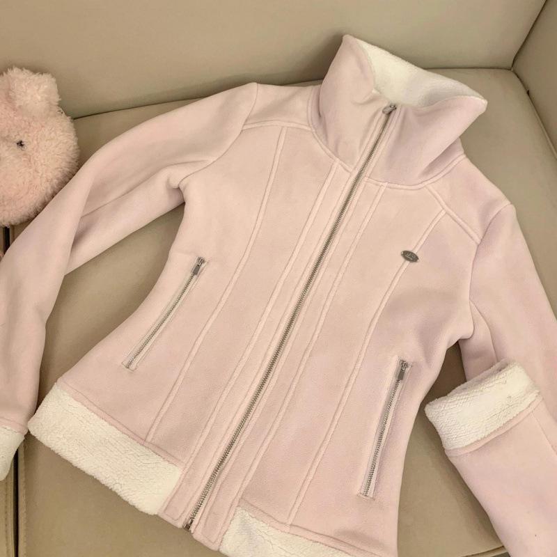 Women s 2025 Winter Pink Lambswool Stand Collar Slim Fit Jacket - Korean Style, Warm & Stylish S (recommended for 40-50 kg) розовый