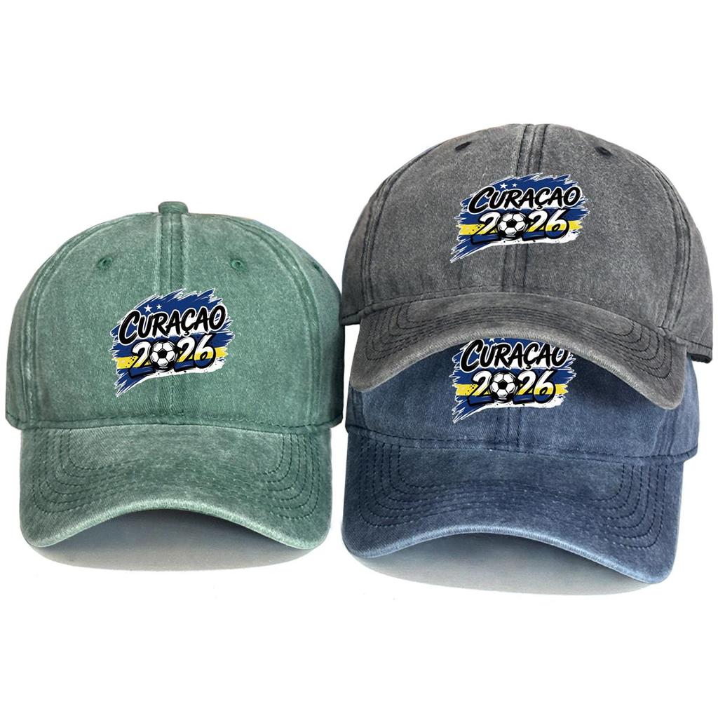 2026 Football Soccer "CURACAO" Flag Printed Baseball Hat , Adjustable Baseball Cap Headwear Non-Stretch Fabric Leisure Solid Color Sun Hat