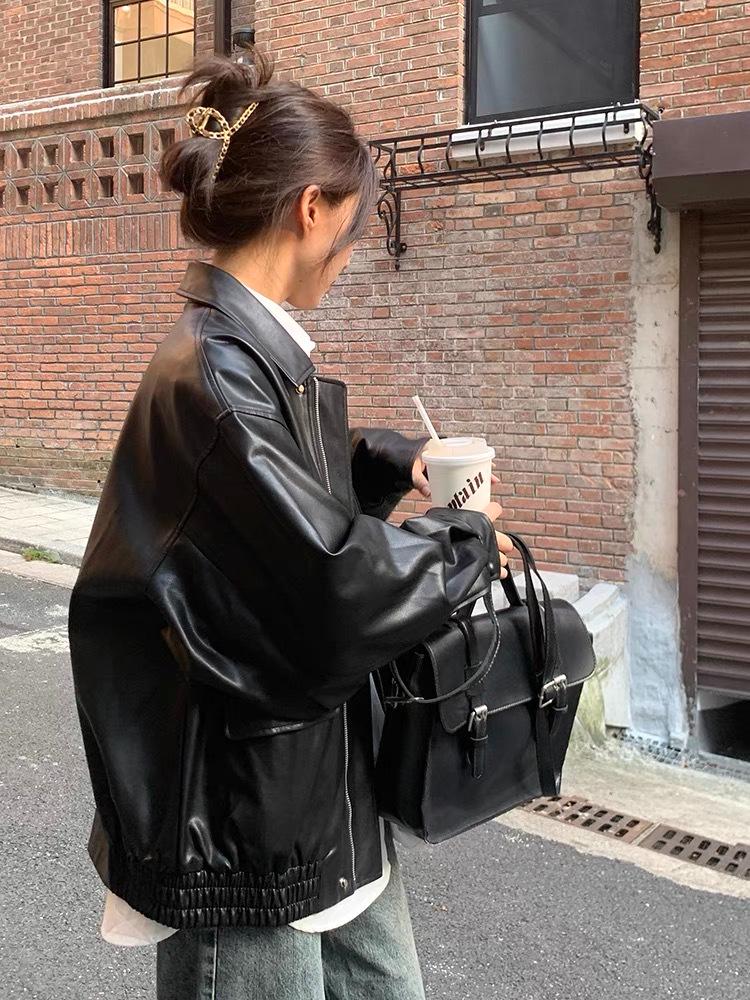Women's Retro Brown Leather Biker Jacket - Short, Petite, Korean Style, Autumn/Winter 2025 Collection