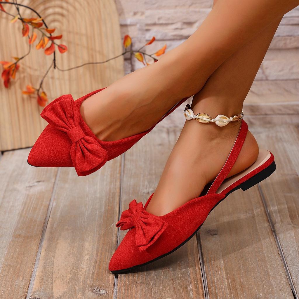 Νέος φιόγκος μονόχρωμος μυτερή μύτη ελαφρύ στόμα κάλυμμα ποδιού φλατ γυναικεία παπούτσια σανδάλια