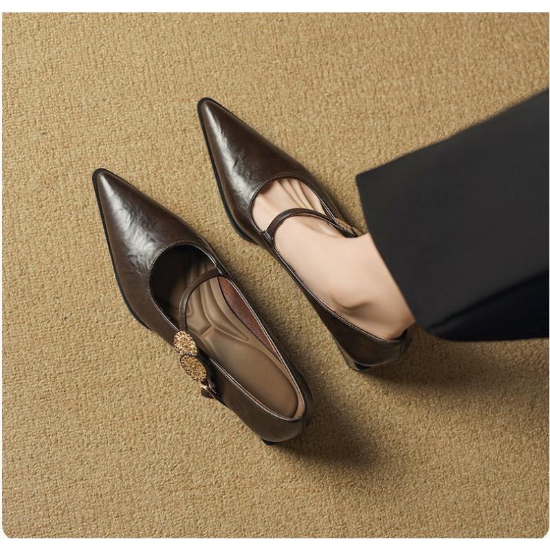 

Остроносые туфли-лодочки на высоком каблуке с металлической пряжкой, с толстым каблуком для работы, черные 40