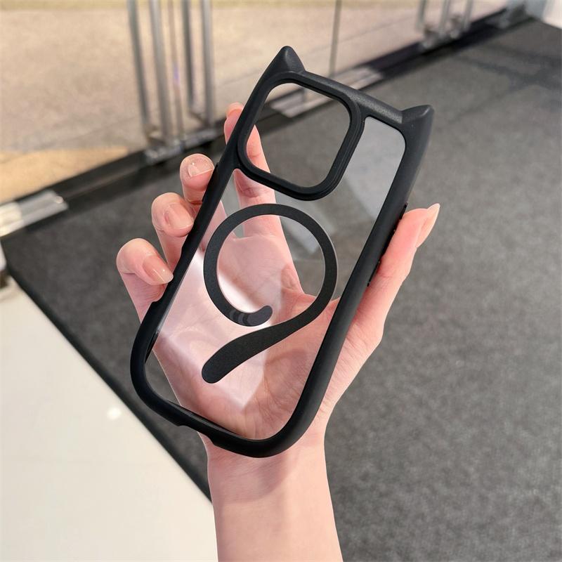 Magnetic Suction Cat Tail Transparent Frosted Case for iPhone 16 15 14 Plus 13 12 Mini 11 Pro Max Anti Fall Large Hole Cover