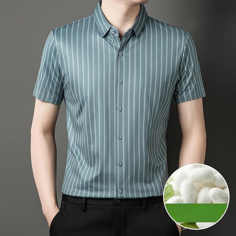

Мужская рубашка с короткими рукавами, полосатая деловая повседневная летняя свободная профессиональная рабочая одежда, шелковая рубашка с половиной рукавов без глажки 4XL