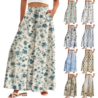 Palazzo-Hose für Damen, Boho-Stil, Blumenmuster, weites Bein, Sommer-/Strandhose, hohe Taille, fließende Hose mit Taschen