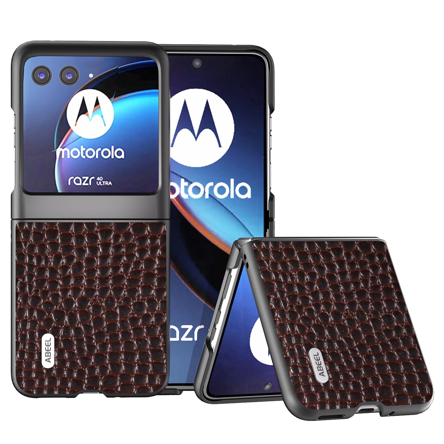

ABEEL For Motorola Razr 40 Ultra 5G Crocodile Texture Slim Case Genuine Cow Leather+PC Protective Phone Cover Coffee