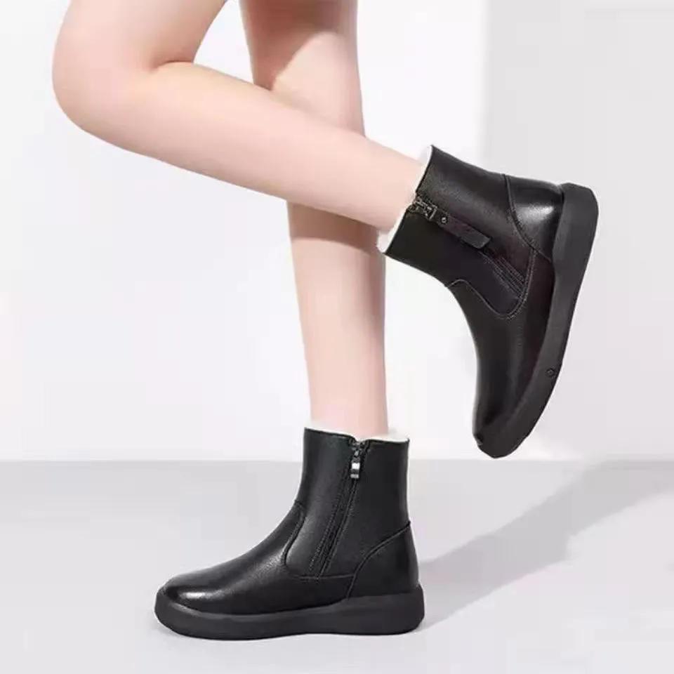 WTEMPO Large Size Casual Outdoor Flat Heel Zipper Snow Boots Women's Winter Thick Warm Cotton Plush Short Boots