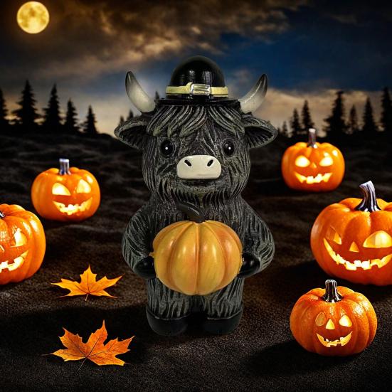 Halloween Hochlandkuh Harzfigur Ornament Schottisches Kultursymbol Handgefertigt Kürbis Ahornblatt Kuh Statue