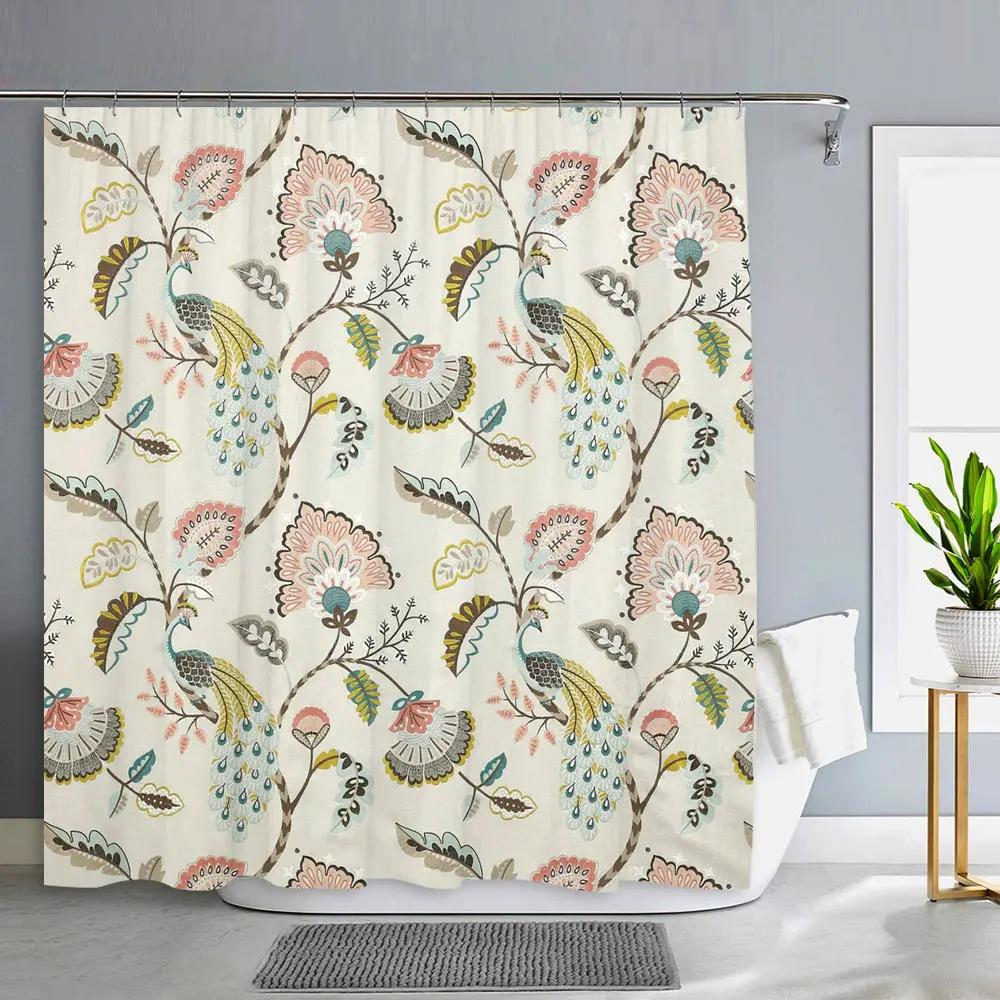 Flower Bird Shower Curtain Botanical Flower Leaf Home Decor Polyester Fabric Washable Shower Curtains Bathroom Decor With Hooks