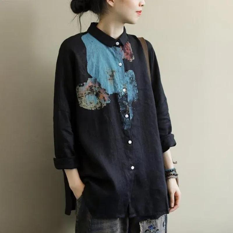 Autumn Women's 2024 New Spliced Polo Collar Button Print Fashion Loose Minimalist Comfortable Casual Long Sleeved Blouses Shirts