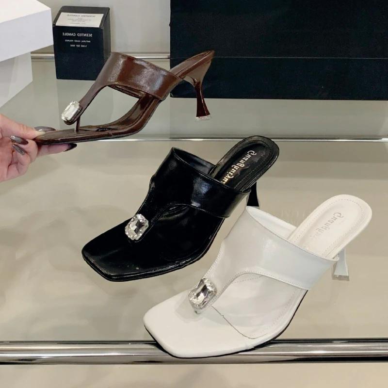 Fashion Elegant Rhinestone Decorated High-heeled Slippers Women Summer Sexy Clip-toe Slide Sandals Fashion Comfortable Beach Sandals