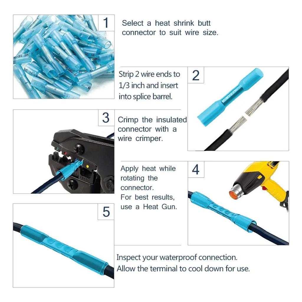 50pcs Waterproof Heat Shrink Wire Connectors Kit, Automotive Electrical Connector Terminals Kit Butt Splices Connector 22-10AWG