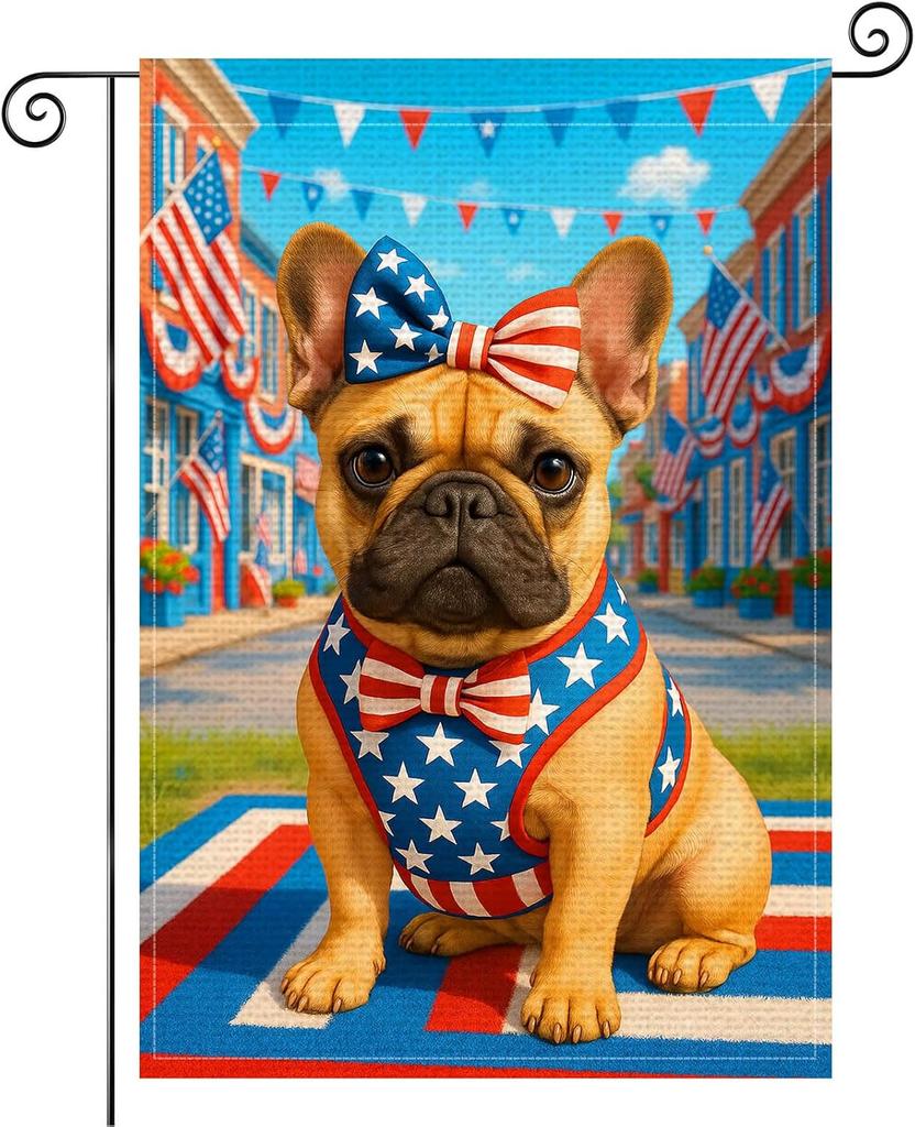 Patriotic Garden ag 12x18 Inch Welcome Garden ags Burlap Double-Sided French Bulldog Dog Stars Stripes Seasonal Outdoor PPZ