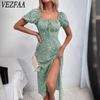 Women's Fashion Summer Spring Flower Pattern Print Short Sleeve Square Collar High Waist Casual Dresses