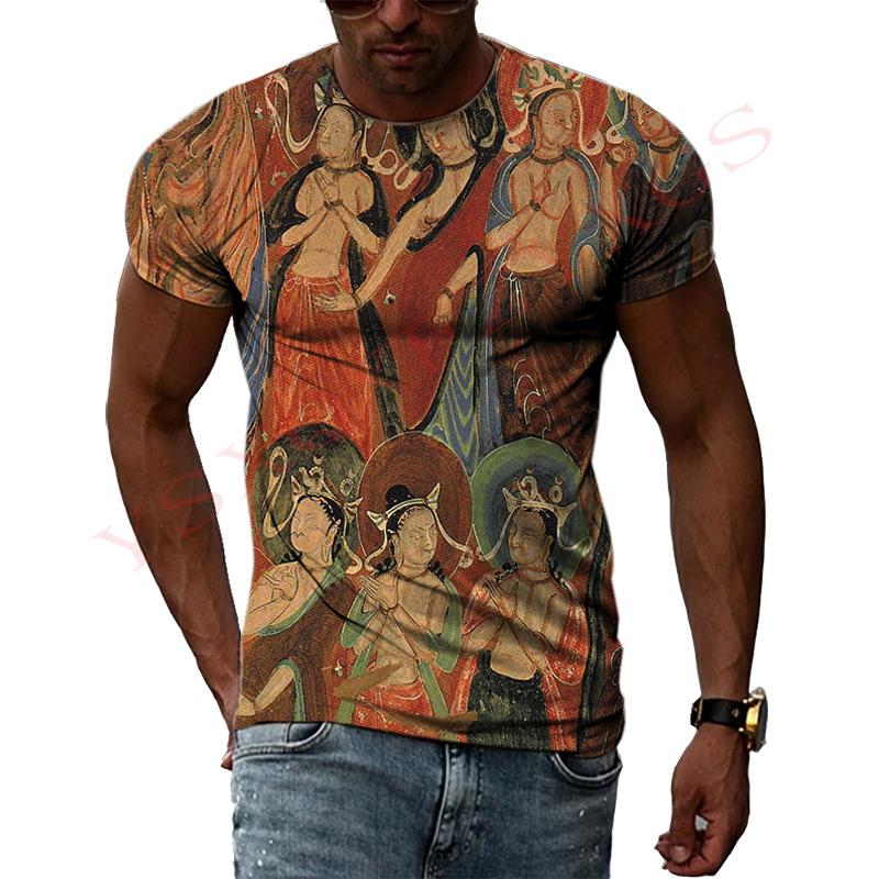 China Dunhuang Mural Graphic Shirt 3D Harajuku Print New Summer Retro Art Casual Short Sleeve Top For Men And Women Personality