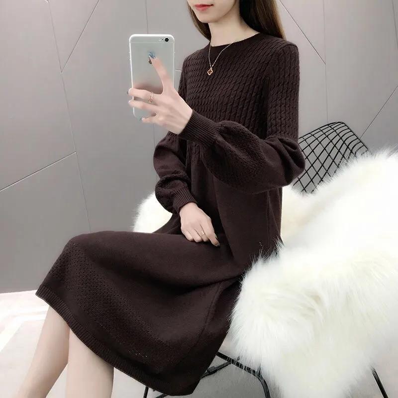 Women Autumn and Winter Long Sleeve Sweater Dress Solid Color O-Neck Lantern Sleeve Elegant Knitted Dresses
