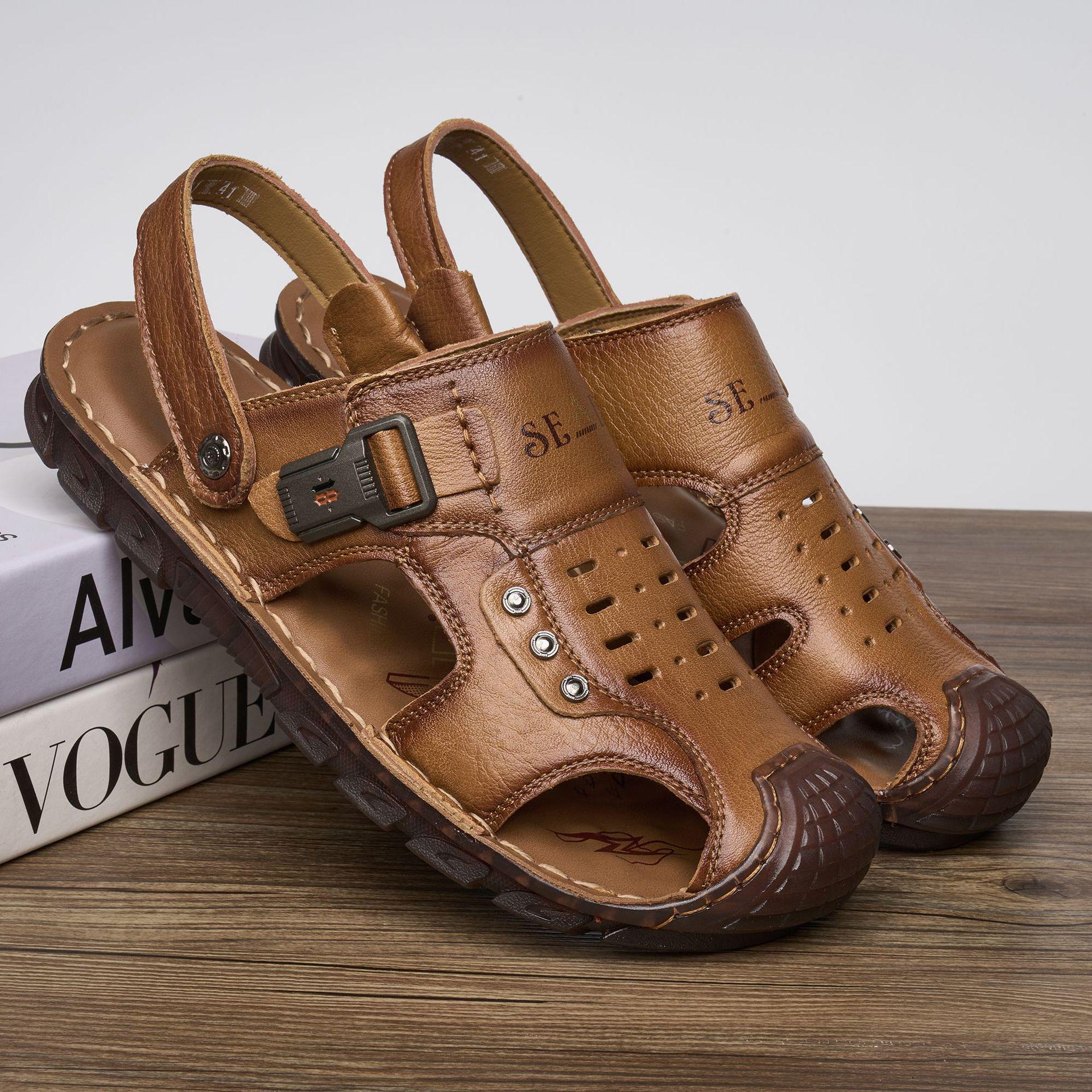 Men s Breathable Cowhide Open-Toe Sandals: Casual, Wear-Resistant, Thick Sole, Two-Way Wear for Summer  Beach. 43 темно-коричневого